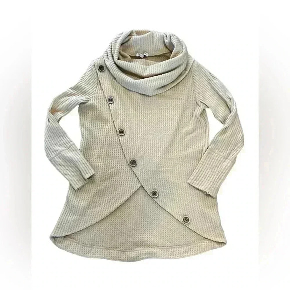 CY Fashion faux wrap sweater w- cowl neck and buttons in cream. Size small. - Picture 1 of 4